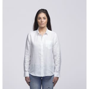 A white linen button-up shirt for women with a single chest pocket, displayed on a neutral background.