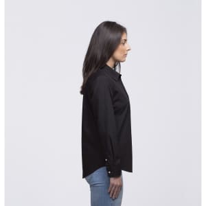 A black button-up shirt displayed on a woman from the side, featuring a collar and a slim fit.