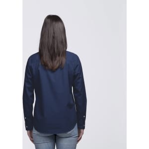 A navy button-up shirt for women, featuring long sleeves and a classic collar, viewed from the back.