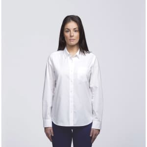 A button-up shirt in white, featuring long sleeves and a chest pocket, displayed against a plain background.