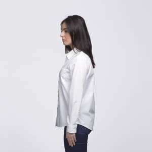 A white button-up shirt displayed on a model from the side, featuring a logo on the fabric.