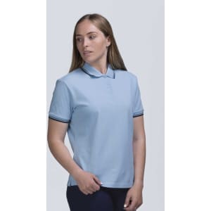 A light blue women's polo shirt with a collar, featuring contrast stripes on the sleeves and a logo.