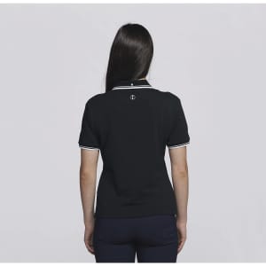 A black women's polo shirt featuring a contrasting collar and a small logo on the back.