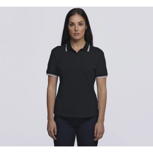 A black polo shirt with white detailing and a logo, designed for women.