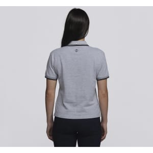 A grey women's polo shirt with a classic collar and contrasting piping, featuring a logo on the back.