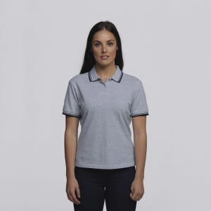 A grey women's polo shirt with contrasting black collar and sleeve trim, featuring a logo.
