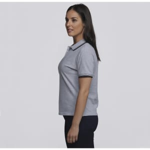 A grey women's polo shirt with contrasting stripes on the collar, displayed on a model from the side.