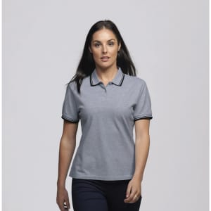 A woman models a grey polo shirt with contrasting collar and sleeve trim, featuring a logo on the chest.