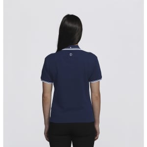 A navy polo shirt with a contrasting white collar and a logo on the back.