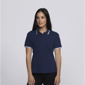 A navy blue women's polo shirt with white striped detailing on the collar, featuring a logo.