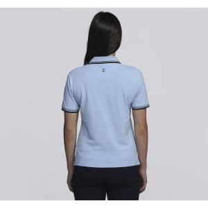 A light blue women's polo shirt featuring a collar and contrasting trim. The back view shows a logo on the upper neck area.