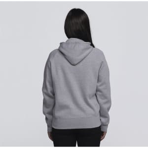 A grey women's vintage hoodie with a hood and a relaxed fit, featuring a logo on the back.