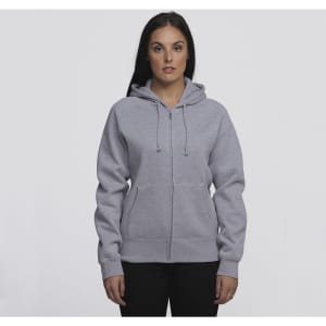 A grey vintage hoodie with a zip-up front and drawstrings, worn by a model against a plain background.