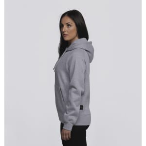 A grey women's vintage hoodie with a kangaroo pocket and a hood, featuring a small logo on the side.