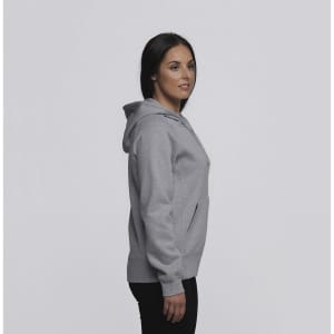 A grey women's vintage hoodie with a front pocket and a hood, displayed on a model from the side.