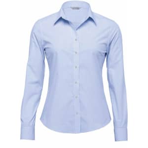 A light blue women's button-up shirt with a fitted design and long sleeves, featuring a logo on the chest.
