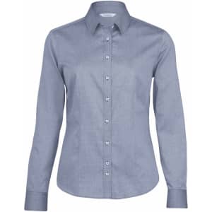 A women's button-up shirt in a light blue pattern with long sleeves and a fitted silhouette. It features a collar and buttons.