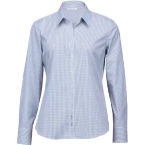 A women's button-up shirt in a blue and white check pattern, featuring a collar and long sleeves.