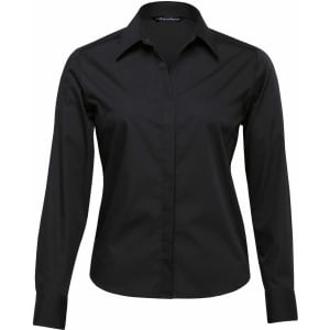 A button-up women's shirt in black with long sleeves and a classic collar design. It features a logo on the inside.