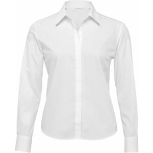 A white button-up shirt with long sleeves and a collar, featuring a logo on the side.