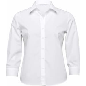 A white women's button-up shirt with long sleeves, featuring a collar and a logo.