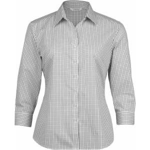 A women's button-up check shirt featuring a black and white gingham pattern and three-quarter sleeves.