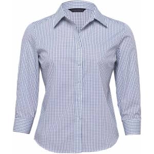 A women's button-up shirt in a blue and white check pattern with long sleeves and a collar. It features a logo.