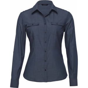 A women's button-up shirt in a dark blue colour with long sleeves and two chest pockets. It features a logo.