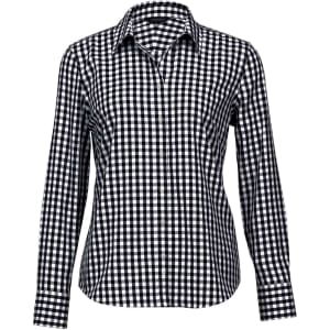 A women's button-up shirt in a black and white check pattern, featuring long sleeves and a collar.
