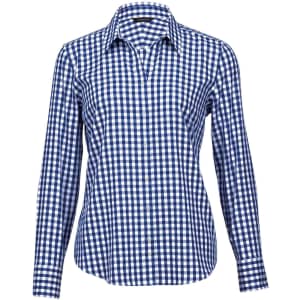 A women's button-up shirt featuring a navy and white check pattern with a collared neckline and long sleeves.