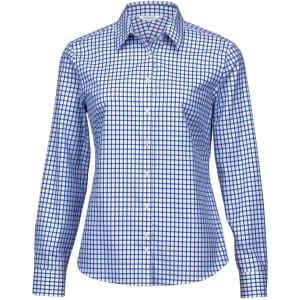A women's button-up shirt featuring a blue and white checked pattern, complete with a collar and long sleeves.