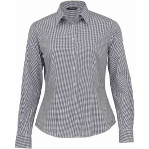 A button-up shirt featuring a black and white check pattern, with a tailored fit and a collar. It has a logo on it.
