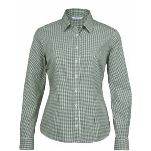 A women's button-up shirt in a green check pattern with a classic collar and long sleeves.