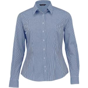 A blue and white checked button-up shirt with a collared neckline and long sleeves, featuring a logo.