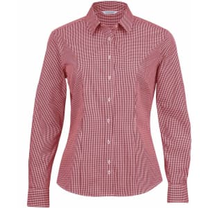 A red and white check patterned button-up shirt for women, featuring long sleeves and a collar.