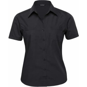 A black button-up shirt with short sleeves and two chest pockets, featuring a logo.