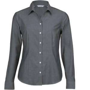 A women's button-up shirt in dark grey chambray fabric, featuring a collared neckline and long sleeves.