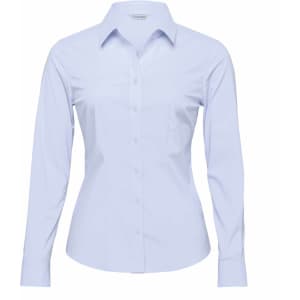 A light blue button-up shirt for women with long sleeves and a collar, featuring a logo on the chest.