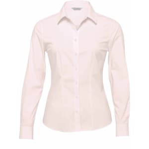 A light cream button-up shirt for women with long sleeves and a collar, featuring a logo.
