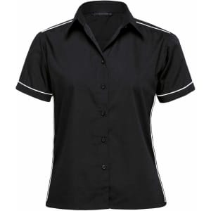 A black women's button-up shirt with white piping and a collar, featuring a button front and short sleeves.
