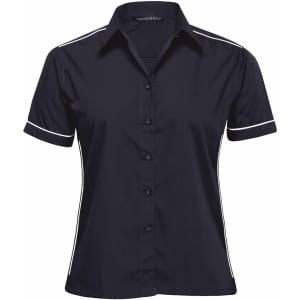 A women's button-up shirt in navy blue with white piping on the sleeves and a front button closure.