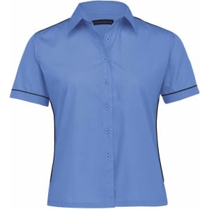 A short-sleeved women's button-up shirt in light blue with black piping details and a logo.