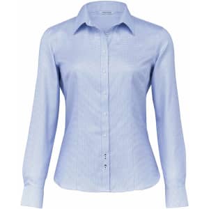 A light blue button-up shirt for women, featuring long sleeves and a collar, with a branded logo.