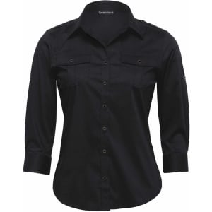 A black women's button-up shirt featuring two front pockets and cuffed sleeves, with a logo on the collar.