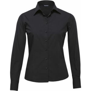 A black long sleeve button-up shirt for women, featuring a classic collar and a logo.