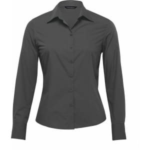 A women's long sleeve button-up shirt in grey, featuring a classic collar and a fitted design.