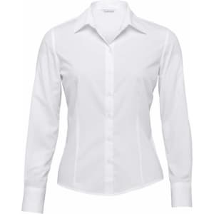 A white women's button-up shirt with long sleeves and a fitted design, featuring a branded logo.