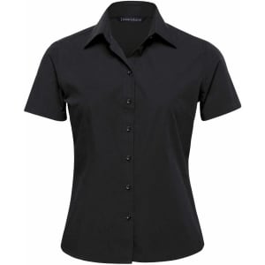 A black short sleeve button-up shirt for women featuring a collar and front buttons. It has a logo on the label.