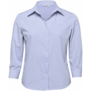 A women's button-up shirt in light blue with a striped pattern and three-quarter sleeves. It features a logo.