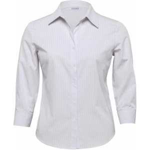 A white button-up shirt with a collared neckline and three-quarter sleeves, featuring a subtle striped pattern and branding.